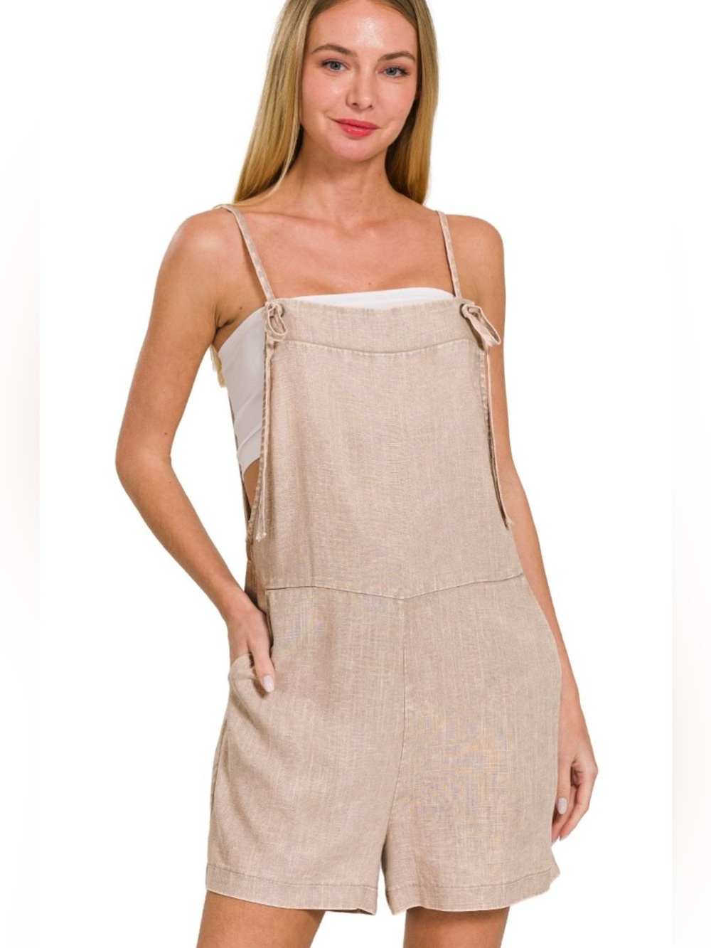 Zenana Washed Linen Knot Strap Rompers